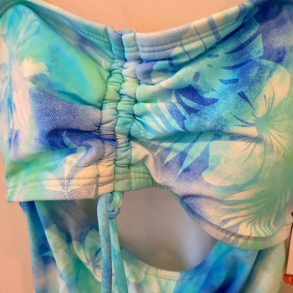 Hobie Girls One Piece‎ Swimsuit Blue Green Floral Cutout Adjustable Size 12 NWT